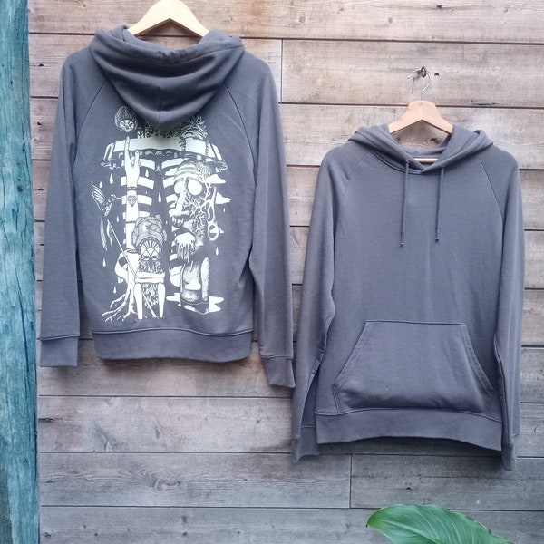 Sweat, épais, doux, techno, capuche, sérigraphie, homme, femme, bio, équitable, organic, hoodie, illustration, tiki, gris anthracite, blanc