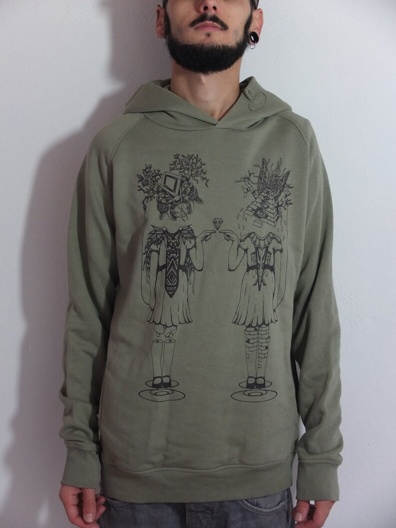 shining hood khaki white ink handcrafted hoodie Silkscreen sweatshirt fair trade bio man lazy twin