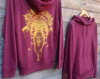 Sweat, épais, capuche, sérigraphie, homme, femme, bio, équitable, organic, hoodie, illustration, éléphant, rouge burgundy, encre jaune