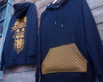 Sweat sérigraphie, artisanal, homme, musique, festival, techno, india, trance, bio équitable, hoodie, capuche, poche, singe, noir, jaune