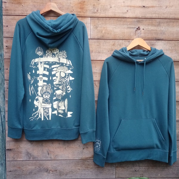 Sweat, épais, doux, techno,capuche, sérigraphie, homme, femme, bio, équitable, organic, hoodie, illustration, tiki, bleu pétrole, blanc