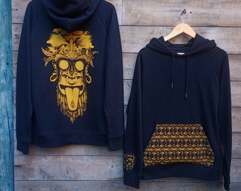 Sweat sérigraphie, artisanal, homme, musique, festival, techno, india, trance, bio équitable, hoodie, capuche, poche, singe, noir, jaune