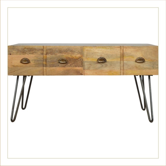 Hairpin Leg Industrial 4 Drawer Coffee Table With Iron Base - Hairpin Coffee Table With Storage Hairpin Leg Industrial 4 Drawer Coffee Table With Iron Base - Hairpin Coffee Table With Storage
