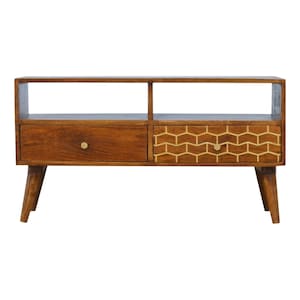 Mid Century Style Solid Mango wood Handmade Gold Pattern Drawer Media Unit TV Stand Sideboard