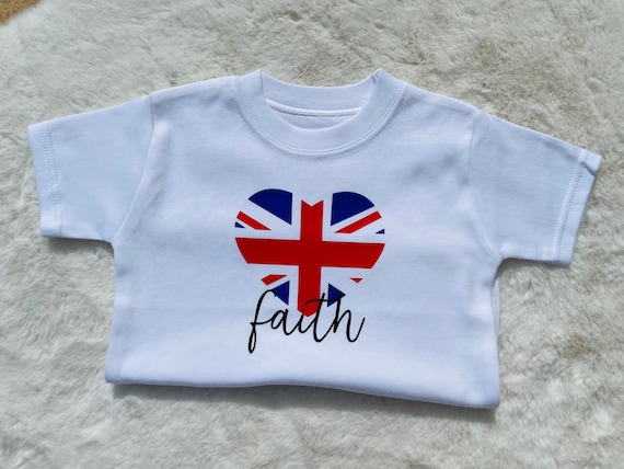 T-shirt Bambini Con Bandiera UK E Cuore Union Jack, Ragazzo E Ragazza, Cotone 100%, Vari Colori