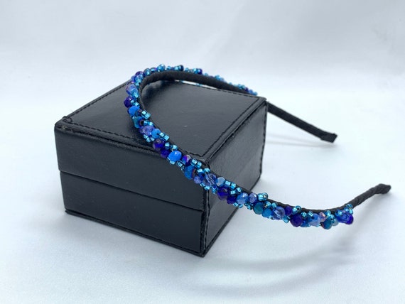 Hand Sewn Blue Beaded Headband – Crystal Sparkle Hair Accessory
