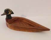 Large Carved Wooden Wood Duck Bowl Nut Chip Snack Hunting Decoy Hand Painted Log Cabin Man Cave Lodge Folk Art Decor Scaup Mallard