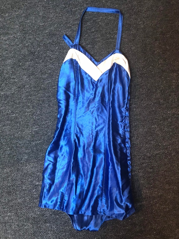 1940s 50s Fabulous Royal Blue Satin & Cream Halter