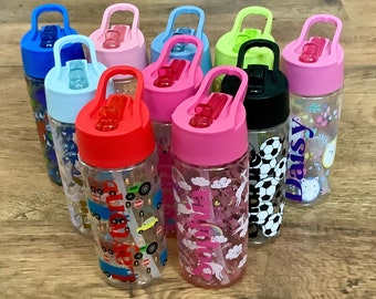 Drink bottle, personalised water bottle with straw, childs unicorn, dinosaur, football, vehicle, jungle, cat, dog gift