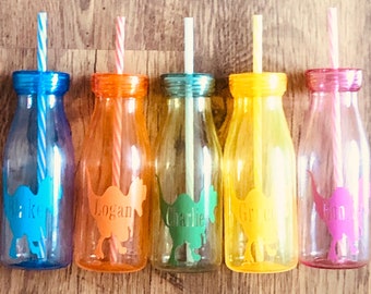 Personalised dinosaur milk bottle for young children, milkshake cup, water bottle with straw