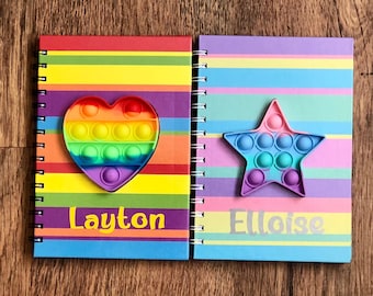 Fidget popper notebook, personalised A5 note book, sensory gift for boys and girls