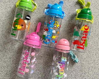 Drink bottle, personalised kids water bottle with straw and shoulder strap, unicorns, dinosaurs and tractors, back to school gift