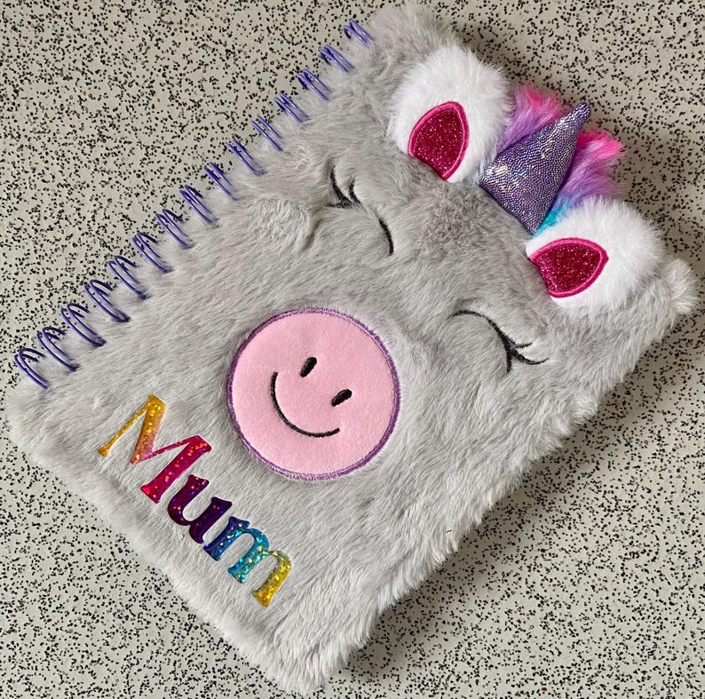Fluffy Notebook, Personalised Novelty Plush A5 Note Book, Unicorn ...