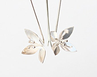 Long Stem Studs, Long Hook Earrings, Lotus Flower Earrings, Long Dangle Earrings, Silver Flower Earrings, Silver Hook Earrings