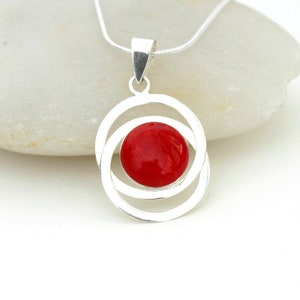 Red Pendant Necklace, Red Coral Pendant, Red Coral Necklace, Necklace, Circle Necklace, Necklace with Stone, Sterling Silver Charm