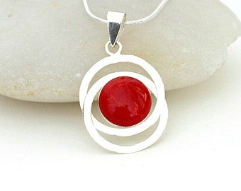 Red Coral Necklace Pendant, Two Rings Necklace, Red Coral Stone and Silver Necklace, Silver Pendant Necklace, Red Coral Jewelry