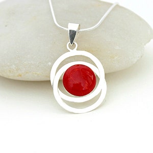 Red Coral Necklace Pendant, Two Rings Necklace, Red Coral Stone and Silver Necklace, Silver Pendant Necklace, Red Coral Jewelry