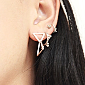 Triangle Earrings, Ear Jacket Earrings, Sterling Silver Studs, Double Triangle Earrings, Geometric Earrings