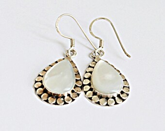 Mother of Pearl Earrings Dangle, Seashell Earrings, Teardrop Earrings, Silver Dangle Earrings, Antique Earrings, Rimmed Earrings