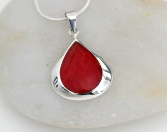 Collier corail rouge, pendentif corail argenté, collier en argent pour femme, collier larme