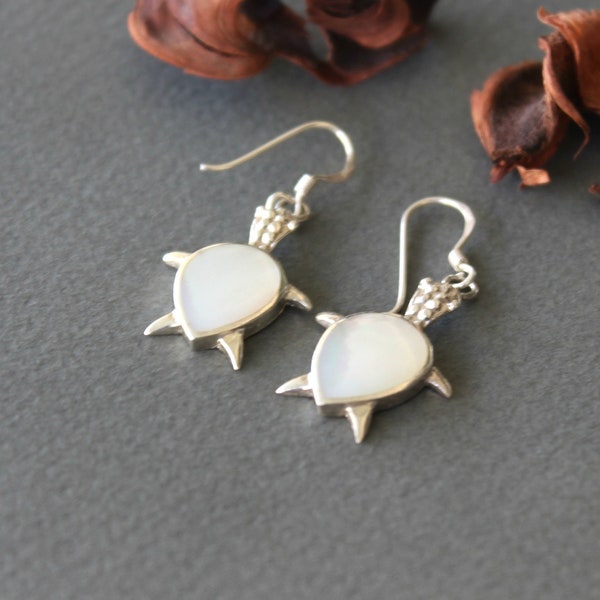 Tiny Dangle Earrings, Animal Earrings, Mother of Pearl Earrings, Tortoise Earrings, Small Silver Earrings, Delicate Minimalist Earrings