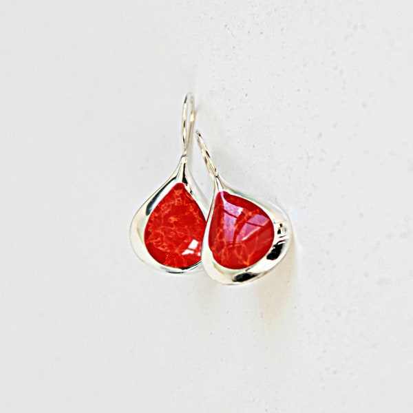 Red Coral Earrings, Modern Earrings, Red Earrings, Teardrop earrings, Red Coral Jewelry, Delicate Earrings, Sterling Silver Earrings