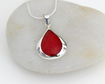 Red Coral Pendant, Red Pendant Necklace, Red Pendant, Red Stone Necklace, Coral Necklace, Silver Pendant Necklace, Sterling Teardrop Pendant