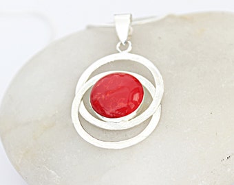 Red Coral Necklace Pendant, Silver Necklaces for Women, Coral Charm, Sterling Silver Pendant, Circle necklace