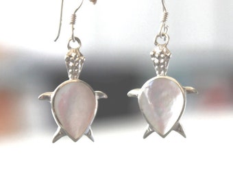Dangle Earrings, Mother of Pearl Earrings, Silver Drop Earrings, Turtle Earrings, Small Earrings, Cute Earrings