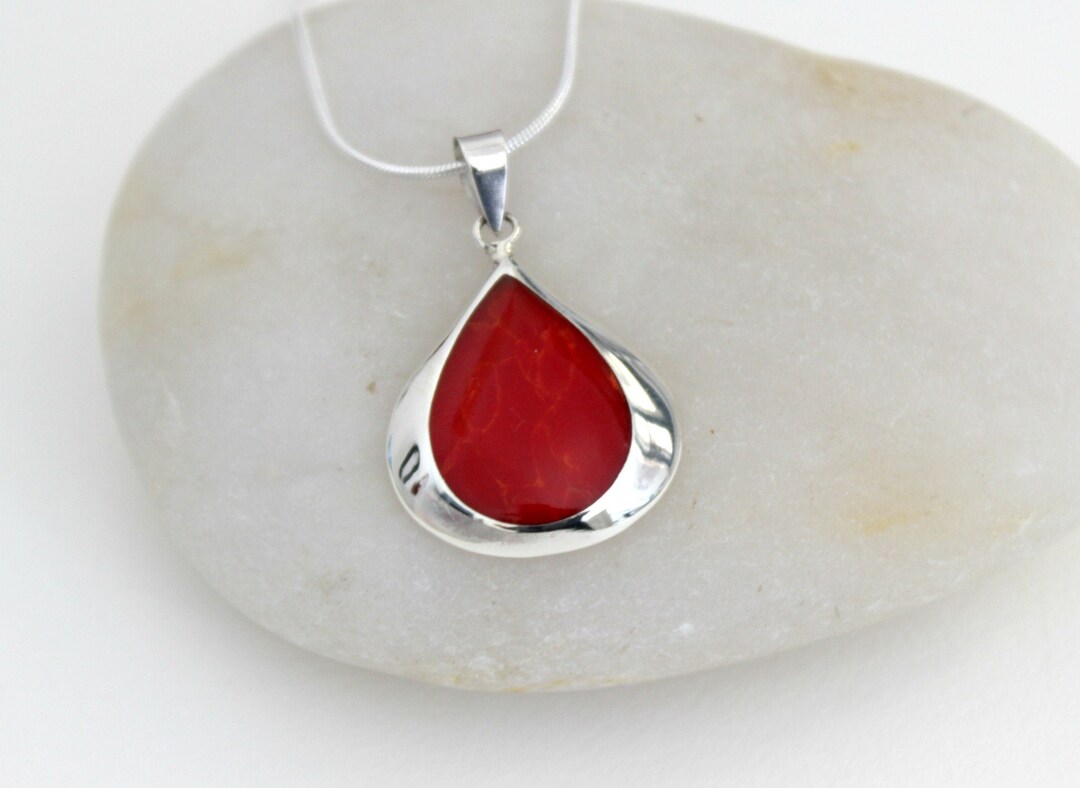 Red Coral Pendant, Silver Pendant Necklace, Sterling Teardrop Pendant