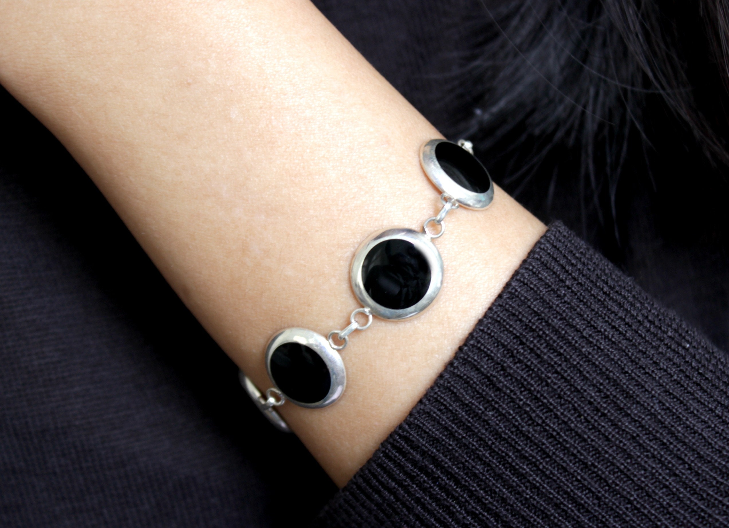 Onyx Bracelet Women Black Onyx 925 Sterling Silver Adjustable