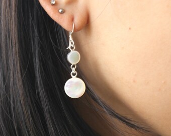 Double Circle Earrings, Mother of Pearl Earrings, Seashell Earrings, Circle Earrings Dangle