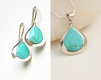 Teardrop Earrings Green, Sterling Silver Jewelry Set, Drop Earrings with Stone, Green Pendant and Earrings