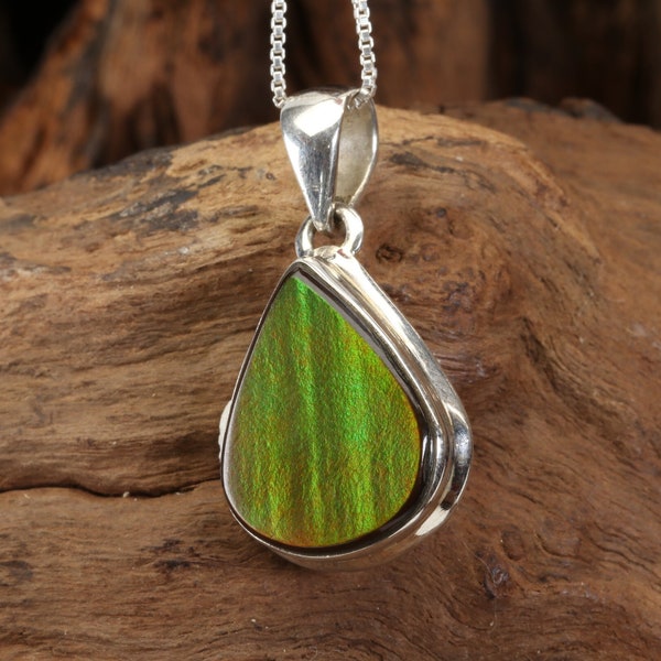 Green and Red Ammolite Sterling Silver Pendant - 925 Sterling Silver Pendant with Fossilized Ammonite Shell - Teardrop Cabochon Pendant