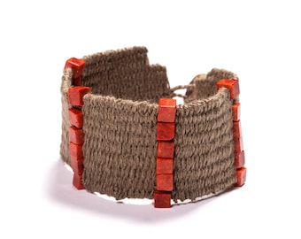 Coral bracelet, Textile Bracelet, Handwoven Jewelry, Art Jewelry, Handwoven Bracelet, Statement Bracelet, Red bracelet, Woven jewelry.
