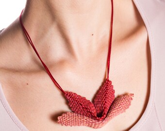 Handwoven necklace, Textile jewelry, Art jewelry, Handwoven jewelry, Rednecklace, Giftforher, Woven jewelry.
