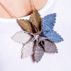 Handwoven necklace, Statement necklace, Textile jewelry, Art jewelry, Handwoven jewelry, Gold&blue, Giftforher, Woven Jewelry. image 3