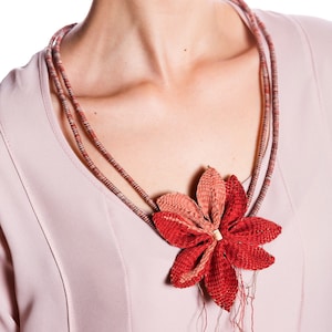 Red flower, Contemporary jewelry, Statement necklace, Handwoven necklace, Unique jewelry, Textile jewelry, Original jewelry, Giftforher.