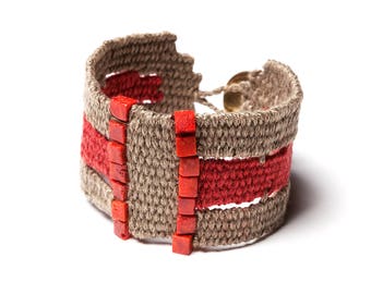 Handwoven  bracelet, Statement bracelet, Original design, Unique handcrafted jewelry, Textile cuff, Corals, Nature colors