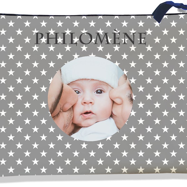 Protège carnet de santé bébé fille Enfant personnalisé avec zip - Etoiles blanches - photo et texte de votre choix