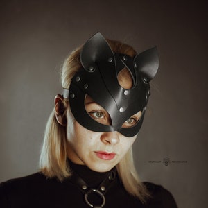 Lederen kattenmasker, dierenmasker, kattenvrouwenmasker, zwart kattenmasker, fetisjmasker, Halloween-maskers, rave gezichtsmasker, gezichtsmasker veganistisch