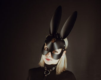 Black leather bunny mask, Leather rabbit mask, Masquerade mask, Bunny costume, bunny ears