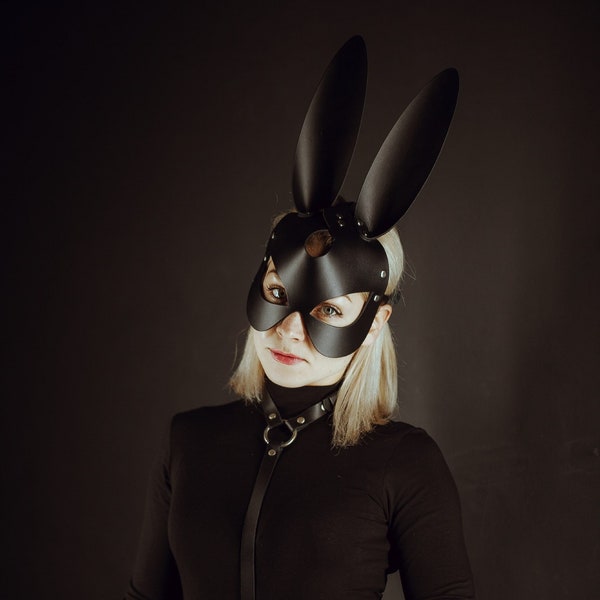 Black leather bunny mask, Leather rabbit mask, Masquerade mask, Bunny costume, bunny ears