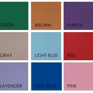 May include: A color chart with nine different colors: green, brown, purple, gray, light blue, red, lavender, deep blue, and pink.
