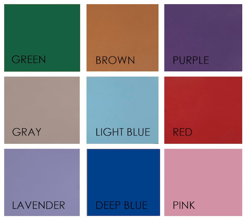 May include: A color chart with nine different colors: green, brown, purple, gray, light blue, red, lavender, deep blue, and pink.