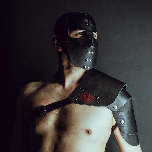 Leather men's gladiator mask, gladiator helmet, warrior mask, black leather mask, burning man mask, BDSM mask, Cosplay mask, Marauder mask