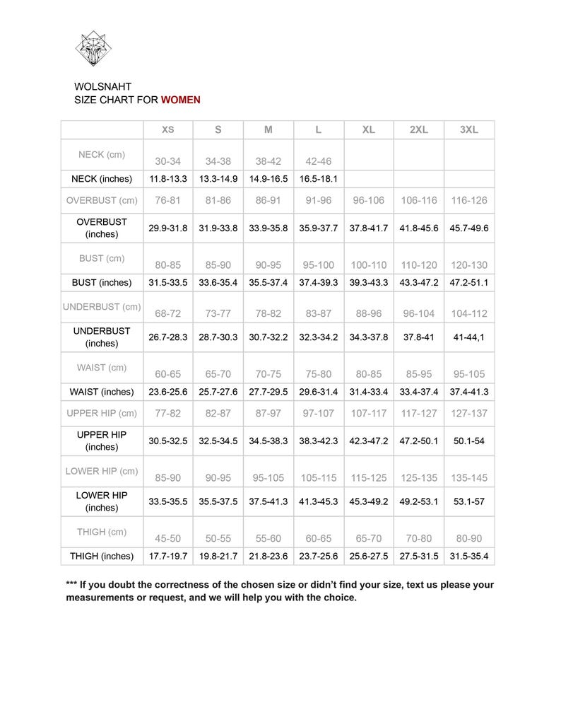 May include: Size chart for women's clothing with measurements in inches and centimeters. The chart includes neck, bust, underbust, waist, hip, and thigh measurements for sizes XS to 3XL.