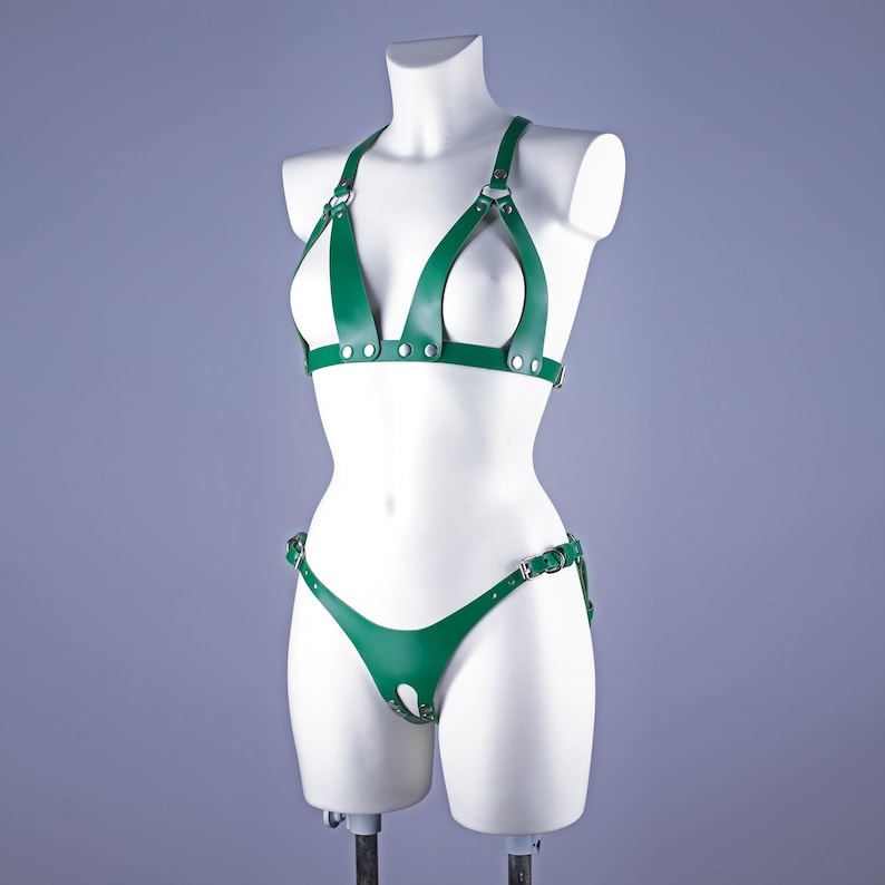 May include: A green leather harness set with adjustable straps and buckles. The set includes a bra-style top and a matching bottom piece.