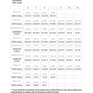 May include: Size chart for clothing in inches and centimeters. The chart includes measurements for neck, bust, underbust, waist, upper hip, lower hip, thigh, wrist, and ankle.
