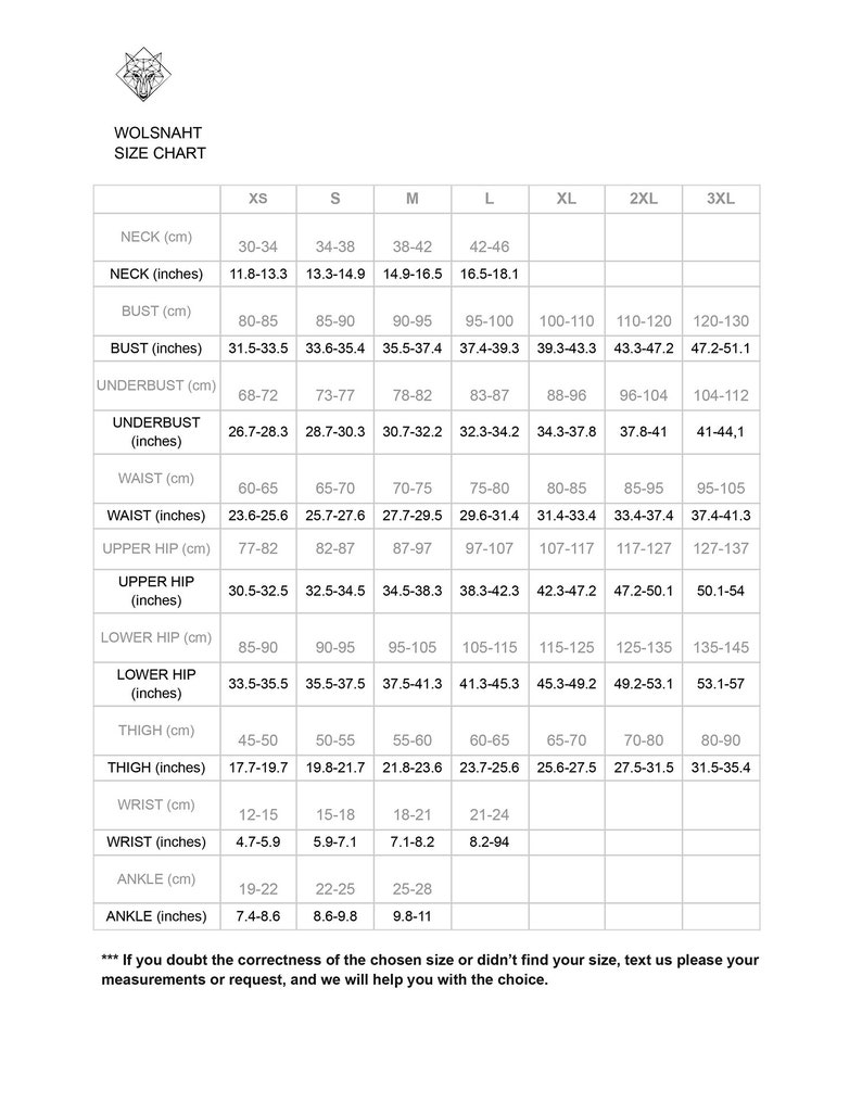 May include: Size chart for clothing in inches and centimeters. The chart includes measurements for neck, bust, underbust, waist, upper hip, lower hip, thigh, wrist, and ankle.